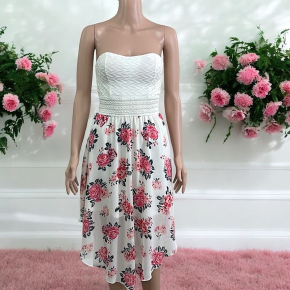 No Boundaries Strapless Floral Print Flowy Asymmetrical Chiffon Skirt Dress - Picture 9 of 16